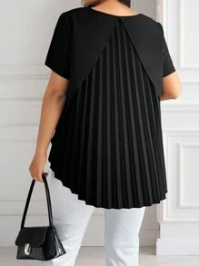 Elenzga Plus Size Casual Solid Color Back Pleated Short Sleeve Shirt - Black - View 3