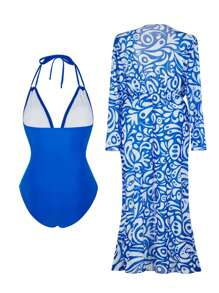 Swim Oasis Plus Size Women 2pcs Set: Navy Halter Strap Waist Metal Decor One-Piece Swimsuit & Chiffon Long Sleeve Maxi Cover Up Robe With Random Printed Wavy Geometric Patterns Summer