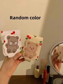 Bear Print Cosmetic Pouch Mirror Included Travel Organizer Lipstick Storage Case Velvet Lining Compact Carry On The Go Essential Zipper Closure Gift Idea