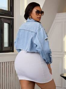 SHEIN SXY Plus Size Effen Kleur Knoop Voorkant Ruwe Zoom Versleten Casual Denim Jas Met Lange Mouwen