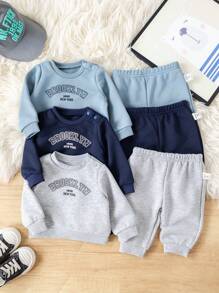 SHEIN Bộ 6 món/Bộ đồ sơ sinh cho bé trai/bé gái in chữ dễ thương, tay dài có mũ trùm đầu và quần dài cạp chun, thích hợp cho mùa thu đông, trong nhà và ngoài trời - Màu xanh lam - Xem 4