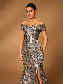 Serin Elegante y hermoso vestido de noche de satén jacquard plisado con estampado floral, con abertura, de estilo sirena, en azul marino, de un solo hombro, para bodas, fiestas, vacaciones, eventos formales y madre de la novia