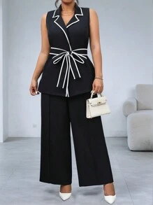 SHEIN Clasi Monochrome Contrast Sleeveless Plus Size Suit Set - Black and White - View 1