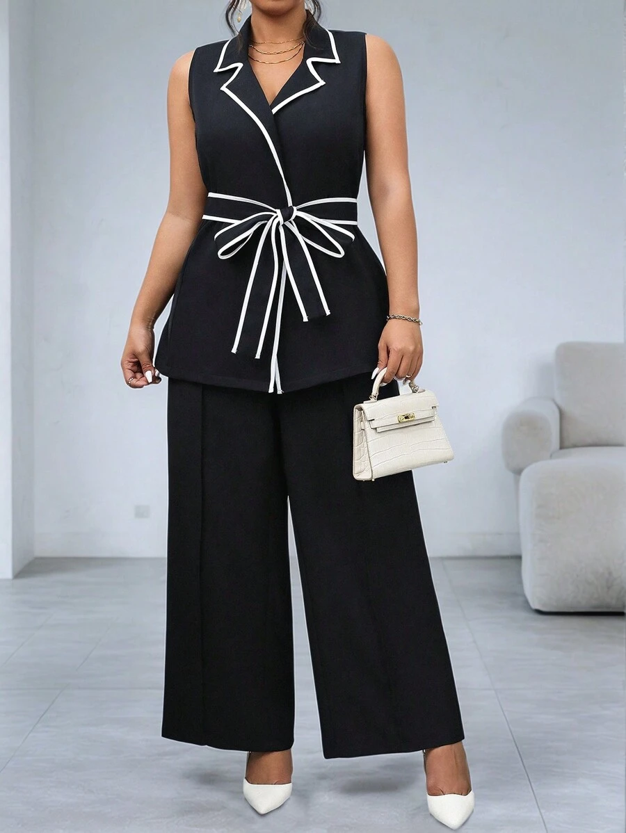 SHEIN Clasi Monochrome Contrast Sleeveless Plus Size Suit Set - Black and White - View 1