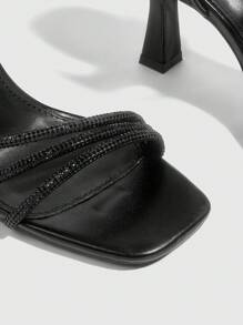 CUCCOO SZL 女士时尚黑色水钻系带中跟方头凉鞋，适合通勤、约会、聚会、度假 - 黑色 - 查看 5