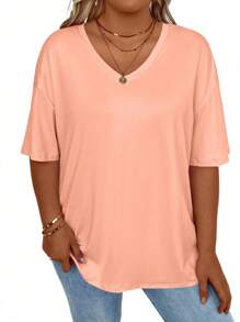 SHEIN CURVE+ 1pc Women Plus Size V-Neck Drop Shoulder Casual T-Shirt Top, Solid Color - Orange - View 3