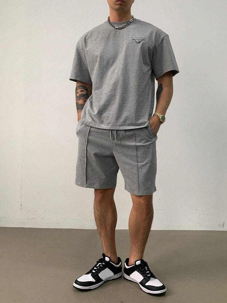 Men's Summer Solid Gray Triangular Pocket Design Premium T-Shirt Set