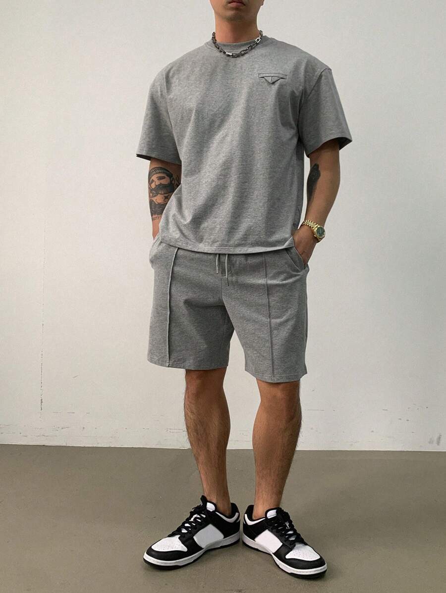 DAZY Men's Summer Solid Gray Triangular Pocket Design Premium T-Shirt Set - Grey - View 1