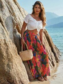 SHEIN VCAY Plus Size Boho Floral Print Skirt, Holiday Style, For Summer - Multicolor - View 3
