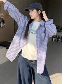 DAZY 女士格子休闲长袖纽扣前开襟简约衬衫夏季、秋季服装、法兰绒女装 - 藍色 - 查看 4