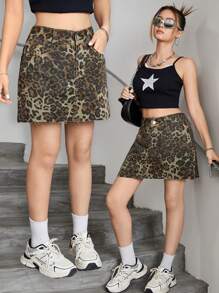 Teen Girl Energetic Leopard Print Denim A-Line Mini Skirt - Brown - View 1