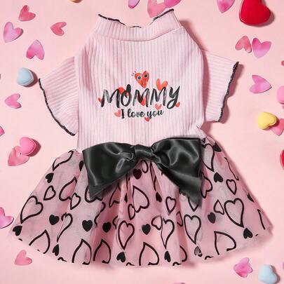 PETSIN 1 pieza Vestido lindo para perro con estampado de corazón negro y moño, malla rosaFloccada, y letras impresas en inglés para el Día de San Valentín