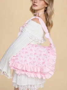 ROMWE Kawaii 1 pieza Bolso de mano grande con volantes y lazo rosa, adecuado para una cita del Día de San Valentín