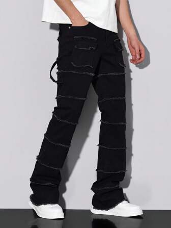 Manfinity Roughcore Herren Lässig Einfarbige Cargo-Jeans mit ausgefranstem Saum