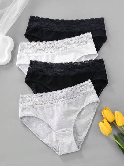 4pcs Teen Girl Cotton Lace Waistband Fashion Color-Block Briefs