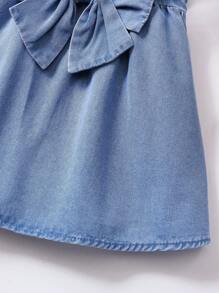 SHEIN Đầm denim xanh dễ thương thắt nơ lớn cho bé gái, trang phục mặc nhà mùa xuân và mùa hè cho bé gái, trang phục đi biển cho bé gái, trang phục đường phố phương Tây cho bé gái - Rửa nhẹ - Xem 3