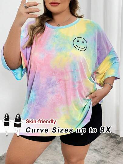 SHEIN CURVE+ Women's Tie Dye Printed Round Neck Short Sleeved T-Shirt In Plus Size For Summer