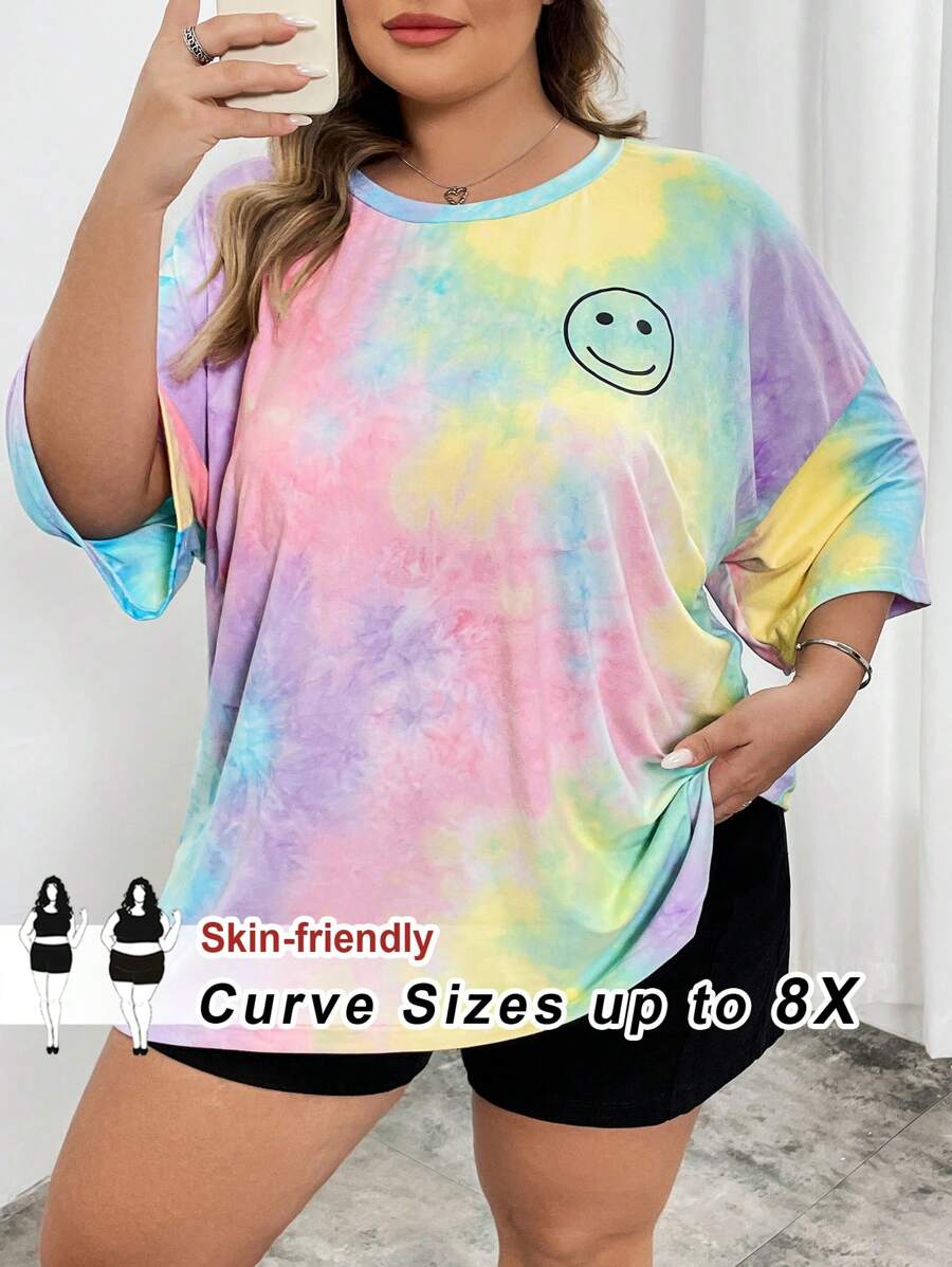 SHEIN CURVE+ Women's Tie Dye Printed Round Neck Short Sleeved T-Shirt In Plus Size For Summer - Multicolor - View 1