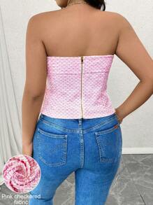 SHEIN Essnce Plus Size Women's Jacquard Knit Patterned Bandeau Top, "Valentine's Pink Lover" For Summer