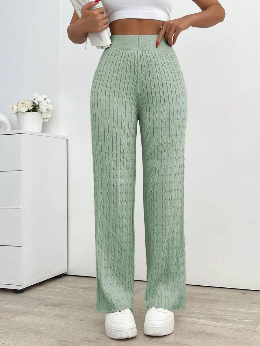 SHEIN Cottnline 纹理纯色弹性腰带针织裤 - 薄荷綠 - 查看 1