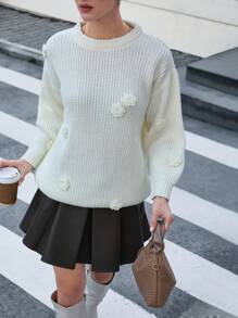 EURMUSE Elegancki i przytulny sweter damski z dzianiny Soft Touch zdobiony kwiatami 3D