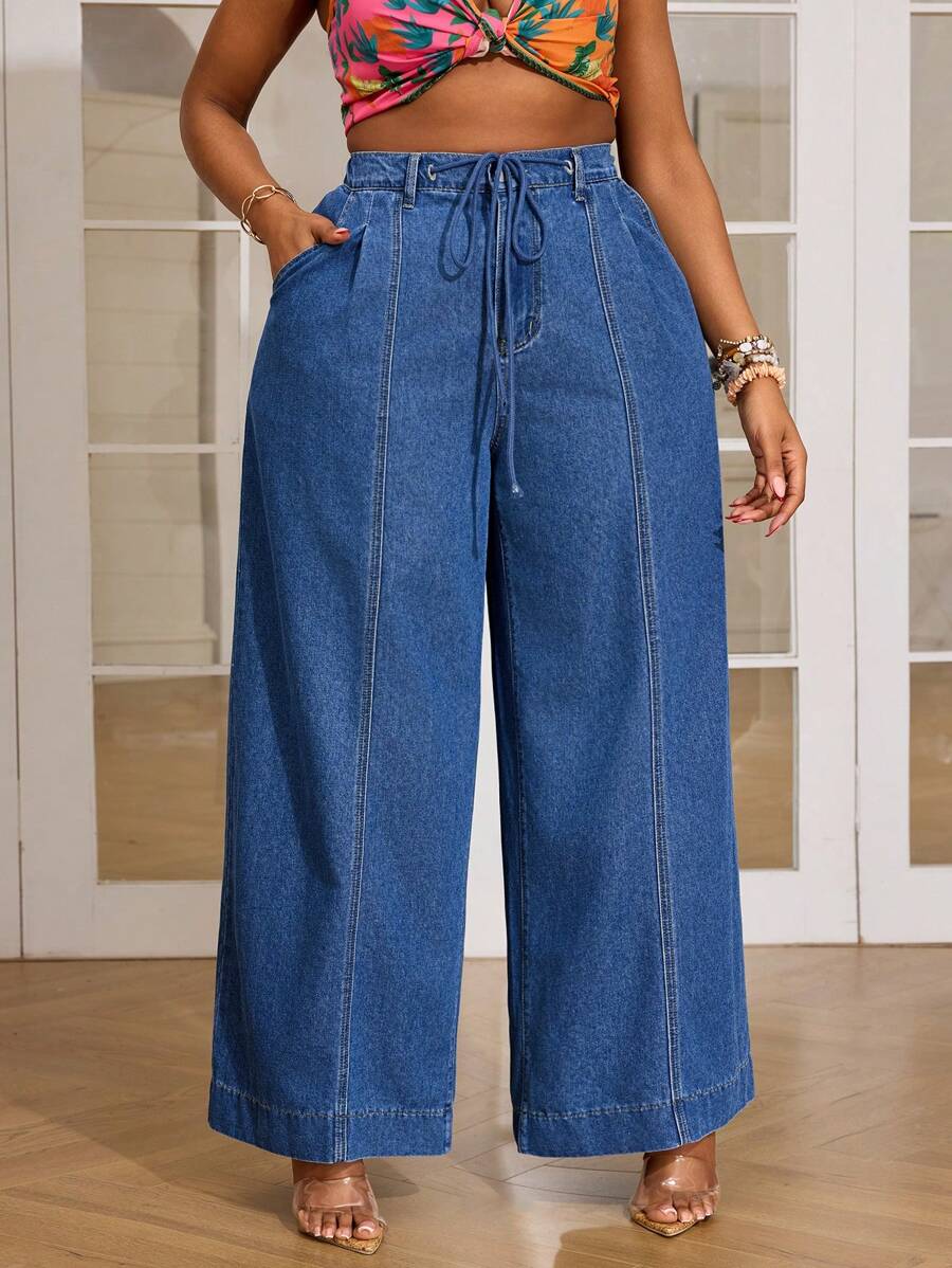 SHEIN SXY Plus Size Casual Loose Baggy Jeans With Diagonal Pockets - Blue - View 1