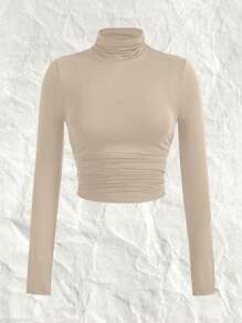 SHEIN EZwear 2 قطعة قميص قاعدي مع رقبة عالية مرن ومطوي لامتصاص الرطوبة مقاس كبير ، خريف/شتاء - كاكي - مشاهدة 5