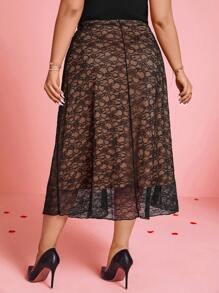 SHEIN Clasi Saia Feminina Elegante com Remendos de Renda Floral, Dia dos Namorados - Preto - Visão 2
