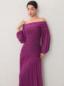 Modelyn Women's Ruffle Off Shoulder Long Sleeve Tie-Front Elegant Party Dress - Purple - View 1