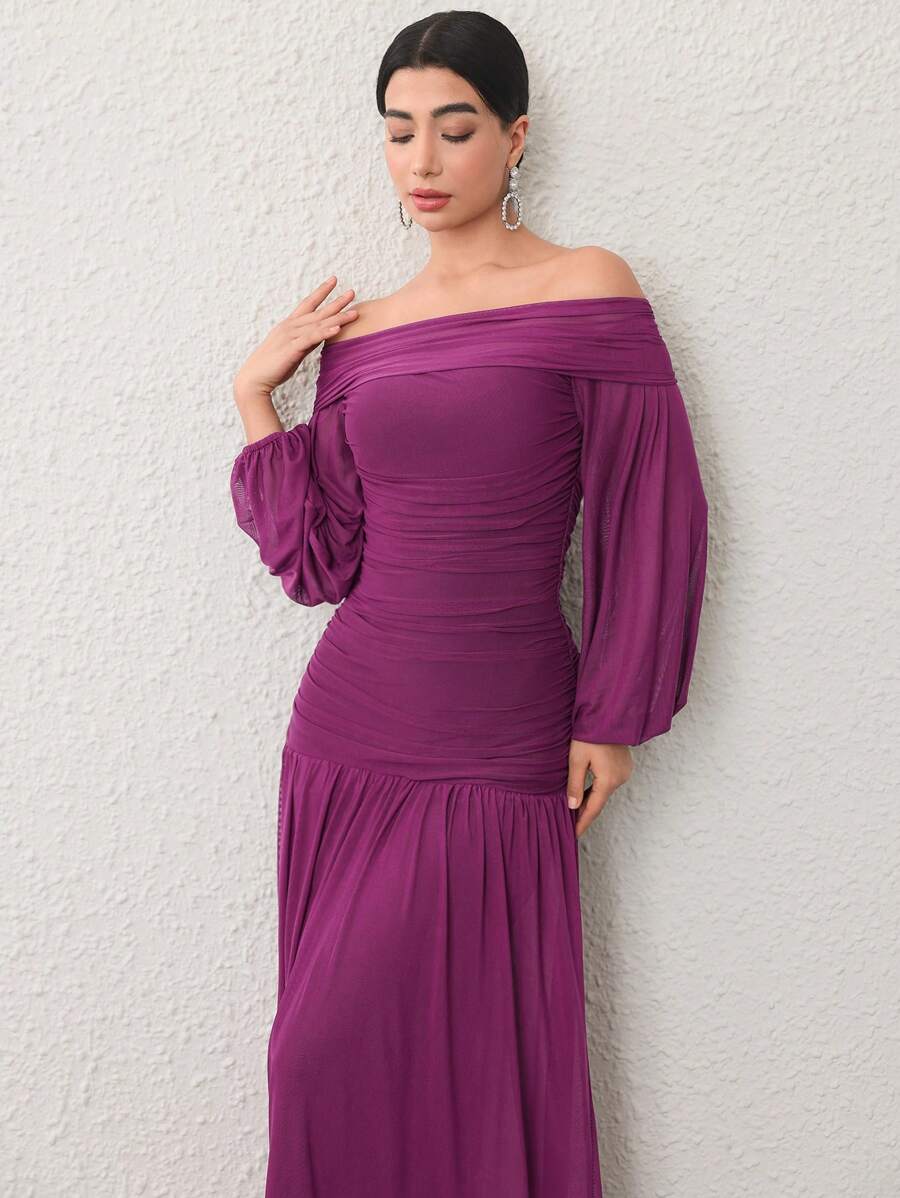 Modelyn Women's Ruffle Off Shoulder Long Sleeve Tie-Front Elegant Party Dress - Purple - View 1
