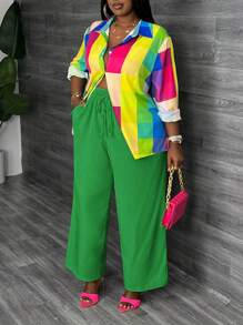 Slaydiva Plus Size Casual Elegant Colorful Plaid Long Sleeve Shirt And High Waist Yellow Straight Wide Leg Pants 2 Pieces Set, Autumn/Winter