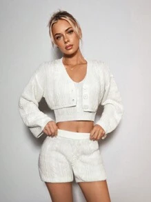 SHEIN ICON Conjunto de 3 piezas para mujer: Cárdigan de manga larga de unicolor y abotonadura simple, top de punto sin mangas y shorts de punto, otoño/invierno