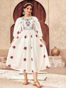 SHEIN Teen Girls Eid Al-Adha Founding Day Ramadan Holiday Dress With Tulle Dress, Viscose Rose & Golden Sequin Trim
