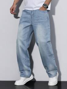 Manfinity Homme Men's Loose Fit Straight Leg Casual Jeans With Pockets - Light Wash - View 4