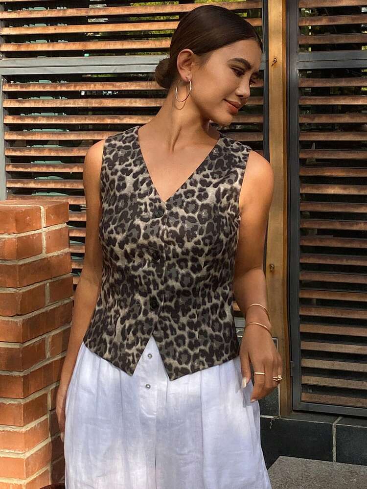 Women's Leopard Print Full-Print Cardigan Top Tank Tops Cheetah Print