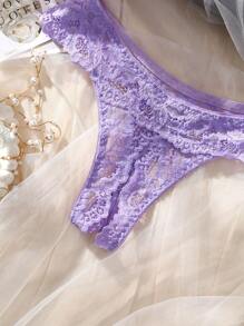 SHEIN Women's Simple Floral Lace Sexy Lingerie Set (2pcs Bra And Panty Set With Underwire) For Going Out - Mauve Purple - View 5