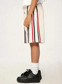 SHEIN Explorewe Tween Boy Casual Loose Shorts, Contrast Black & Red Stripe Patchwork Design, "DONT'EVERE" Graphic Print, Elastic Waist, Suitable For Summer - Multicolor - View 5