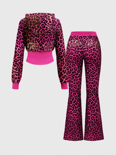 J-Fashion 2 pièces/Set Pull en velours à imprimé léopard avec décoration de strass et pantalon pour femmes dans le style Gyaru Himekaji Y2K
