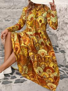 SHEIN LUNE Tie-Front Neck Loose Fit Printed Dress Maxi Women Outfit