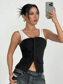 SHEIN EZwear Women's Contrast Color Single-Breasted Casual Loose Strap Tank Top - Black and White - View 6