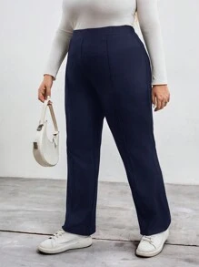 SHEIN CURVE+ Curve Plus High Waist Black Straight Leg Pants - Navy Blue - View 5