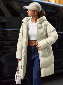 SHEIN Cottnline Zip Up Long Padded Coat With Hoodie Keeping Warm - Beige - View 1