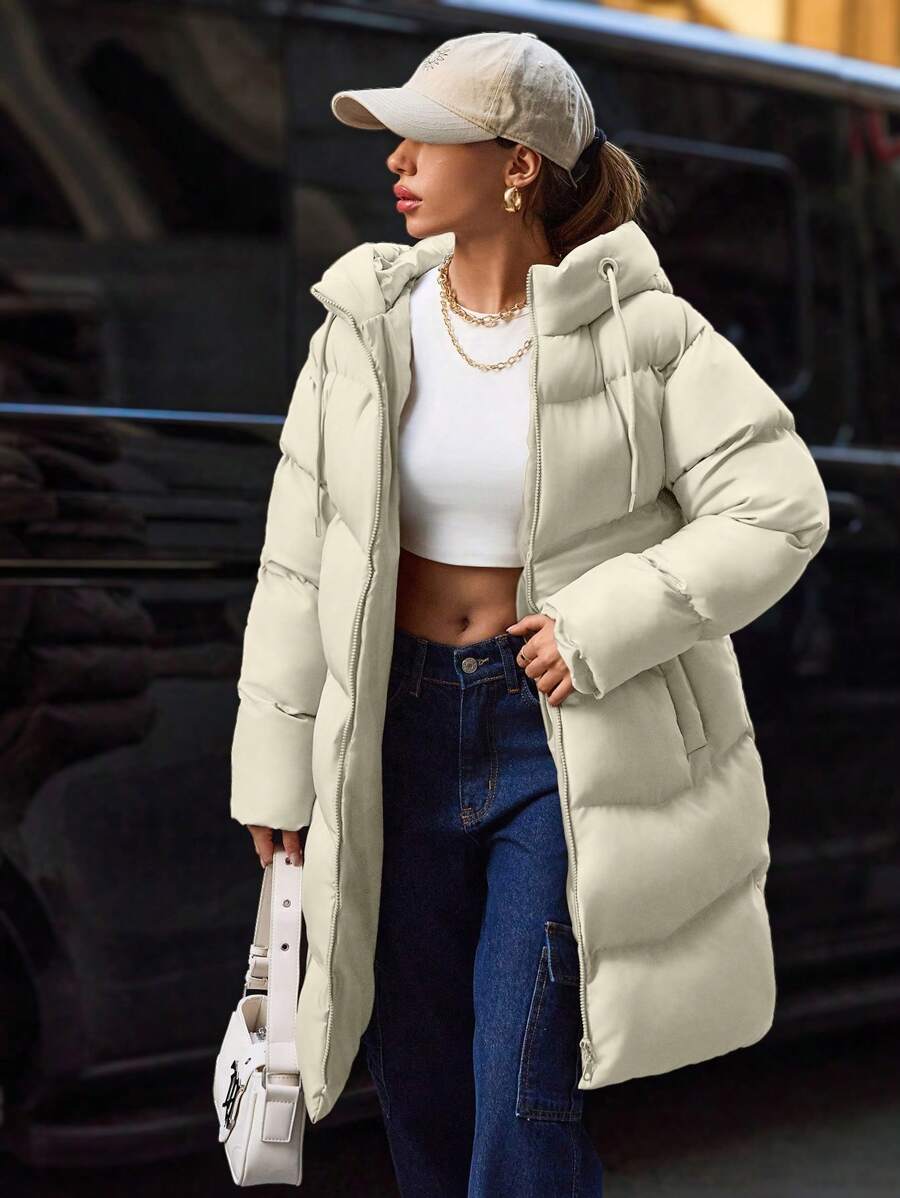 SHEIN Cottnline Zip Up Long Padded Coat With Hoodie Keeping Warm - Beige - View 1