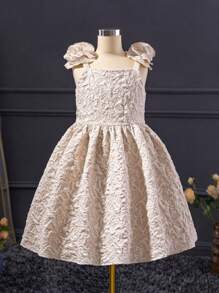 SHEIN Young Girl's Spring/Summer Matching Family Vacation , Holidays Woven Plain Elegant Off-Shoulder Solid Color Sleeveless 3D Rose Floral Decor Loose Casual Vacation Slip Dress,Cute & Elagant & Sweet & Fashionable.Partywear,Gorgeous Princess.
