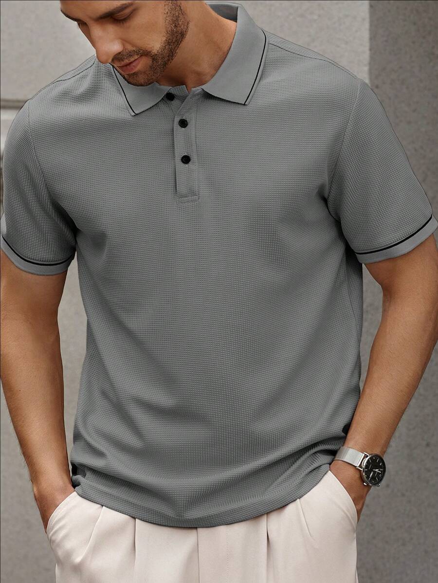 Manfinity Bizformal 男士条纹短袖休闲通勤 Polo 衫 - 灰色 - 查看 1