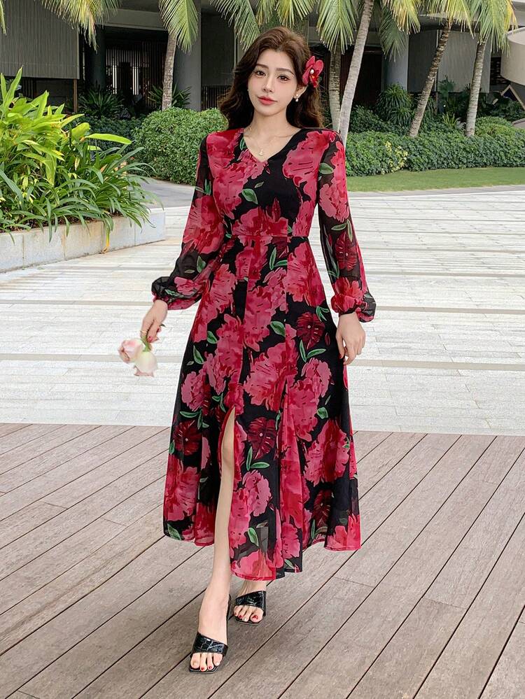 Women's Elegant Midi Floral Dress, Spring/Fall,Ruffle Long Sleeve Dress Boho