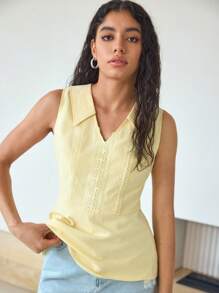 MOTF STUDIO CONTRAST LACE INSERT SLEEVELESS PEPLUM BLOUSE - Yellow - View 6