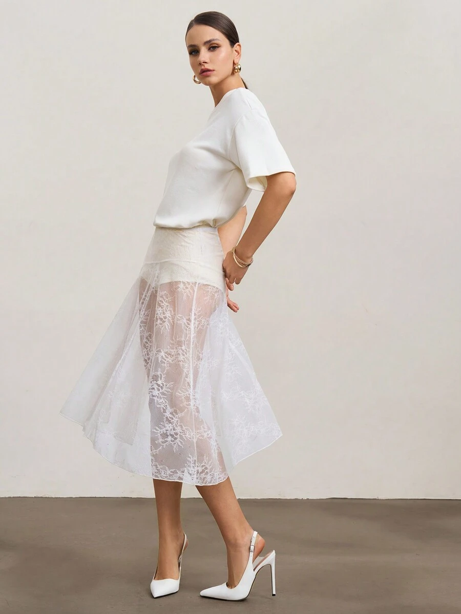 SHEIN Unity Mid-Calf Length Solid Color Contrast Lace Stylish Women Skirt - White - View 1