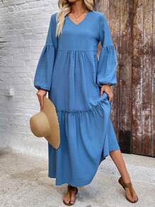 EMERY ROSE Women's Solid Color V-Neck Long Sleeve Pleated Casual Long Dress Vacation Outfits Woman