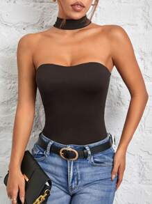 SHEIN PETITE Women's Halterneck Reversible Black Bodysuit